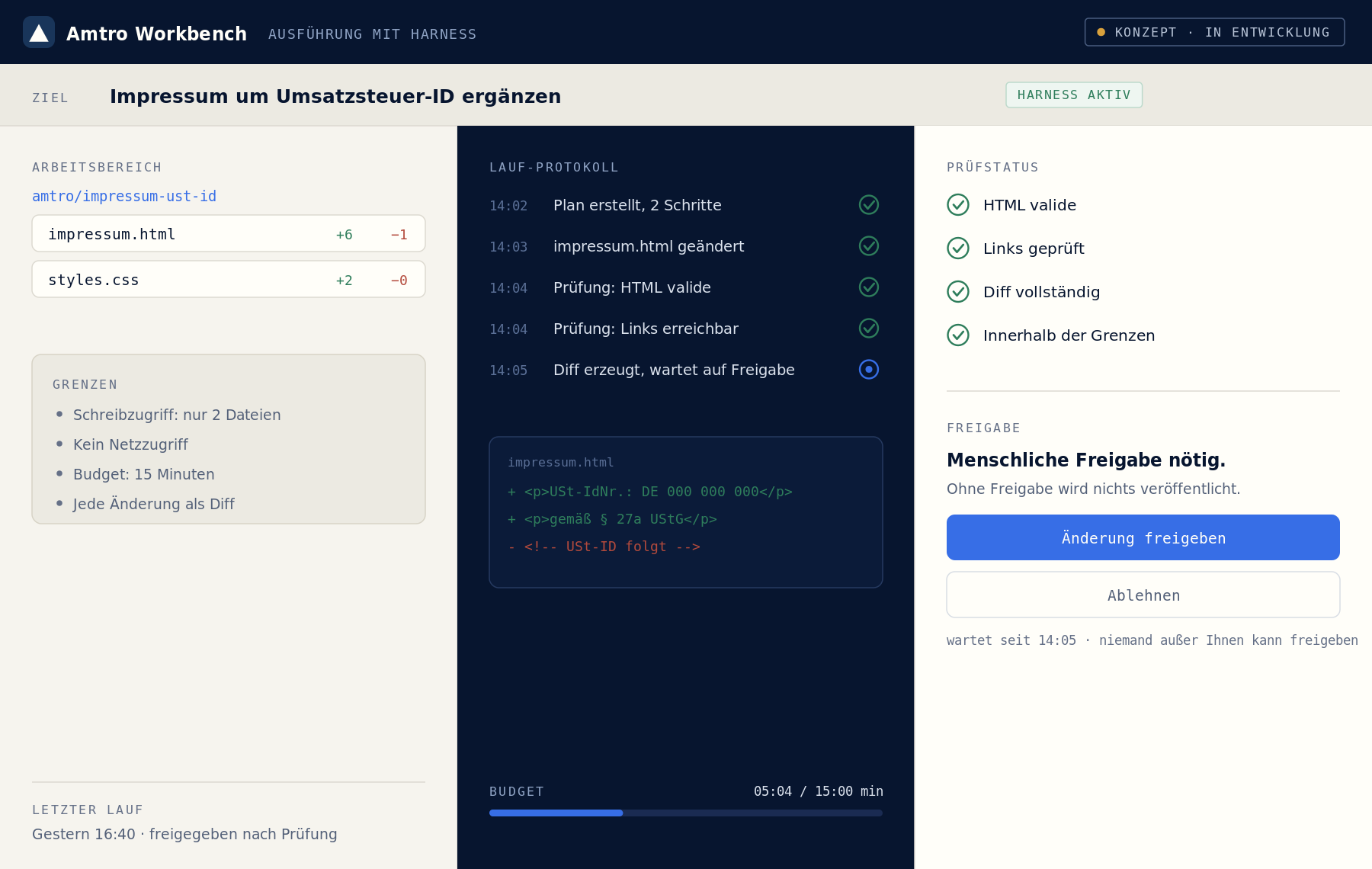 Workbench: Lauf-Protokoll mit Diff und Freigabepunkt