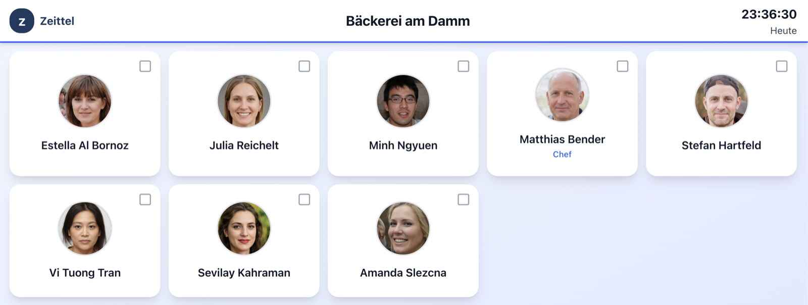 Zeittel Stempeluhr mit Mitarbeiterauswahl